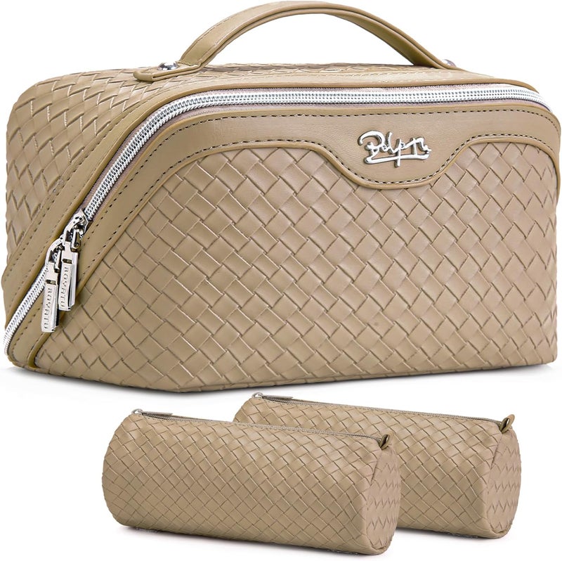 BOYATU Travel Makeup Bag Cosmetic Bags for Women: Large Capacity 3 Pcs Set Make up Bag with Compartments - Waterproof Vegan Leather Toiletry Organizer Bags with Handle (L37 Apricot) - Image 1